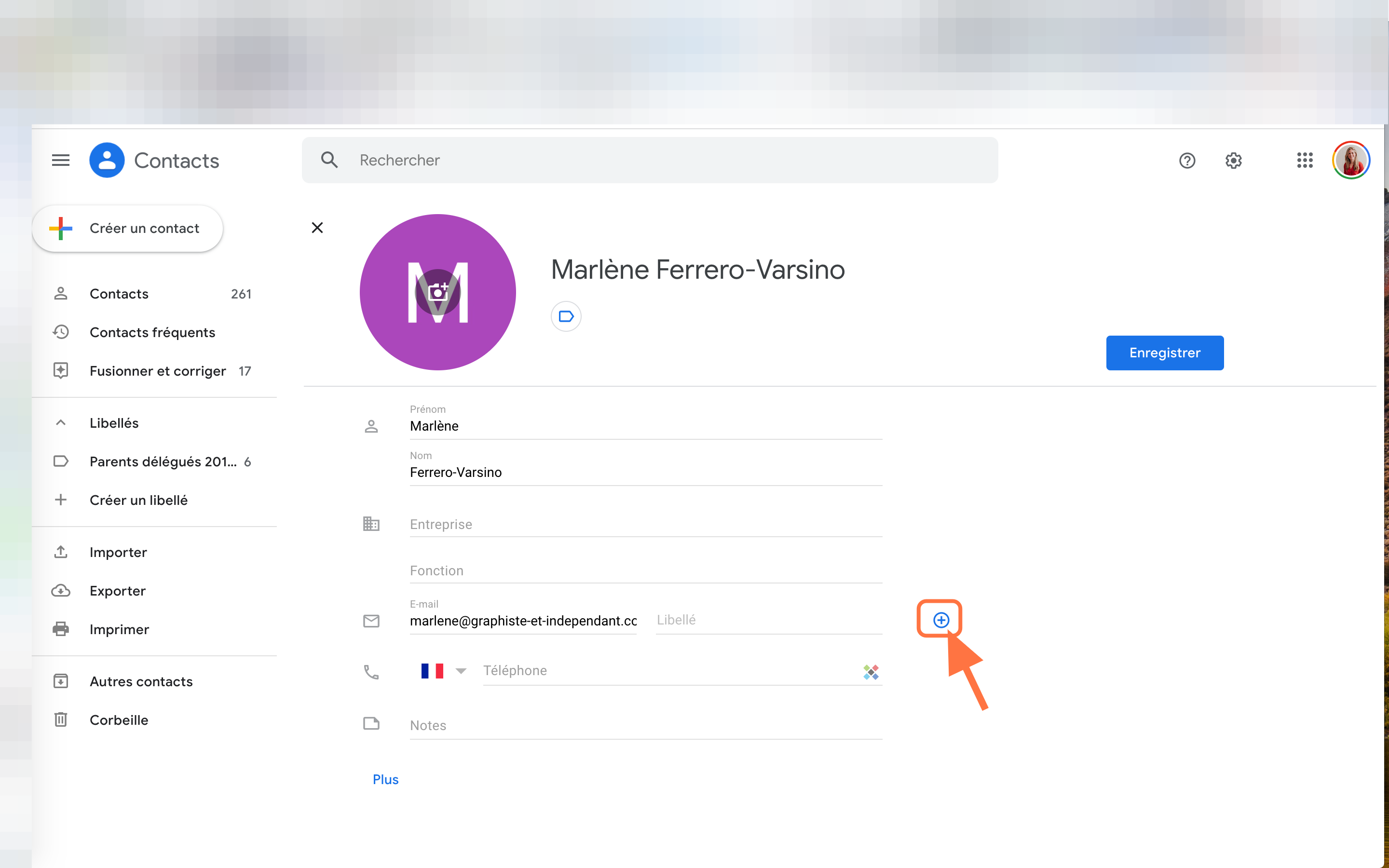 Clique sur le "+" à droite du champ "libellé" pour ajouter un autre champ "Email"