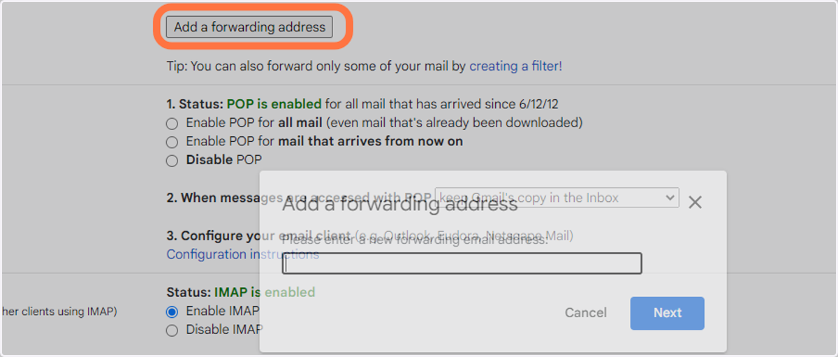 Click on Add a forwarding address