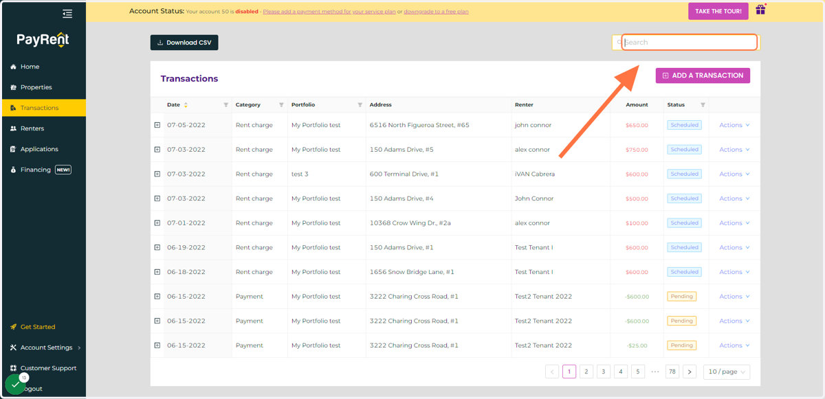 You Can Search by Typing in the Unit Address or Renter's name.