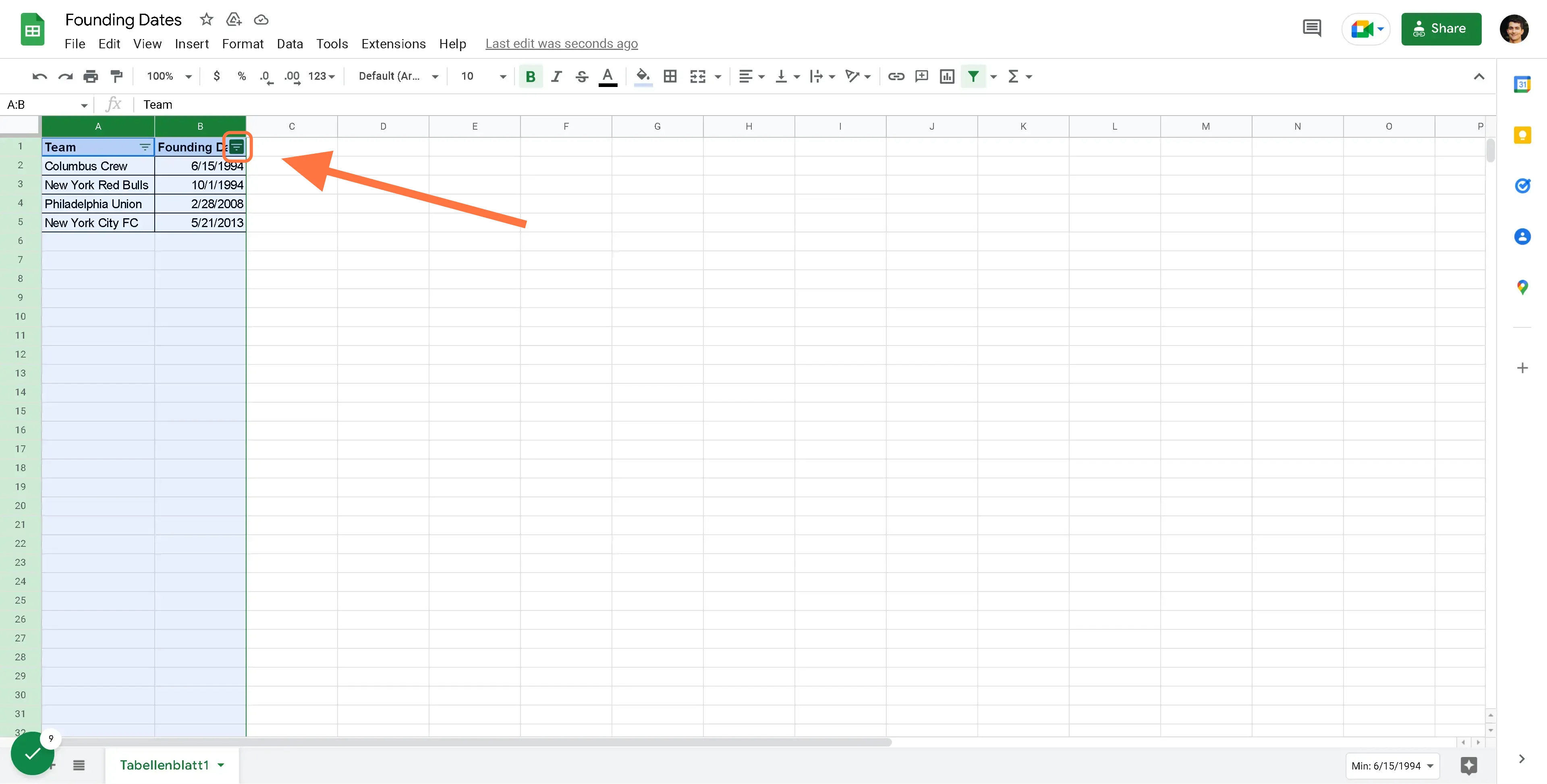 Click on the filter icon (top right in the header cell of the date column)