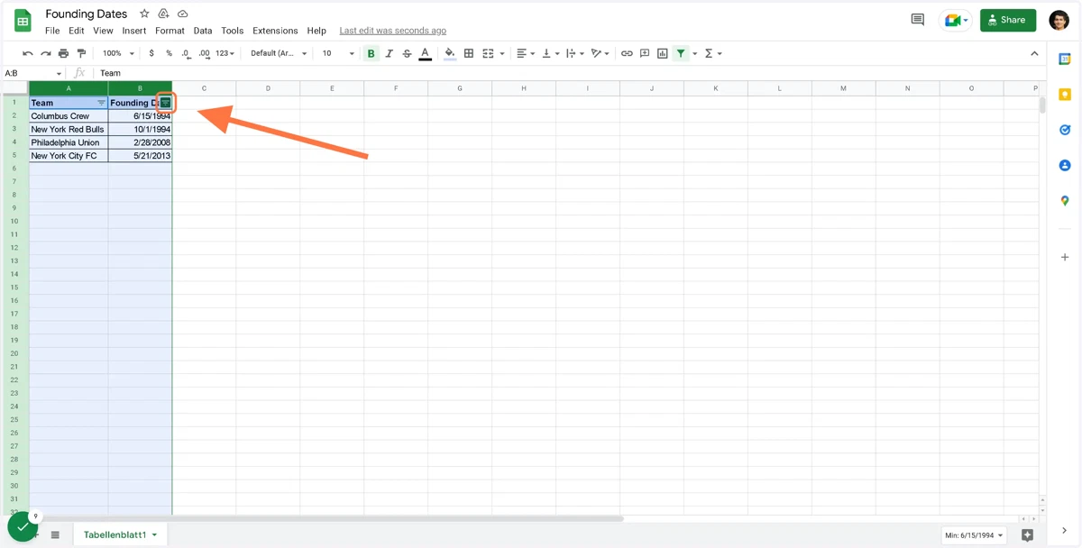 Click on the filter icon (top right in the header cell of the date column)