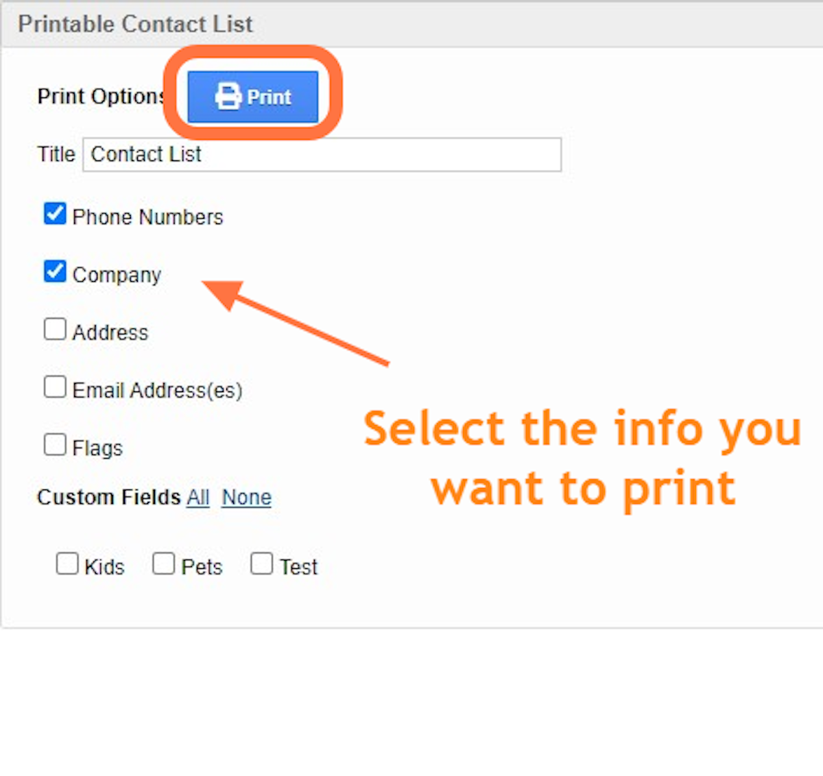A new window will open with the print settings. Select the information you want to include & click 'Print'