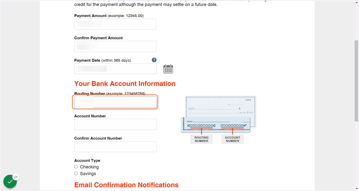 Enter Payment Amount and Bank Account Information