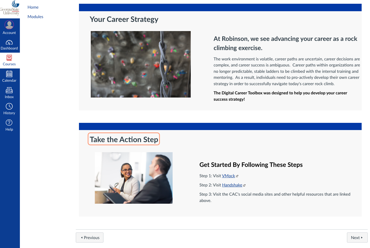 Each page culminates with an action step to achieve the module goal