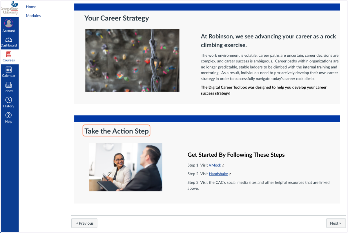 Each page culminates with an action step to achieve the module goal