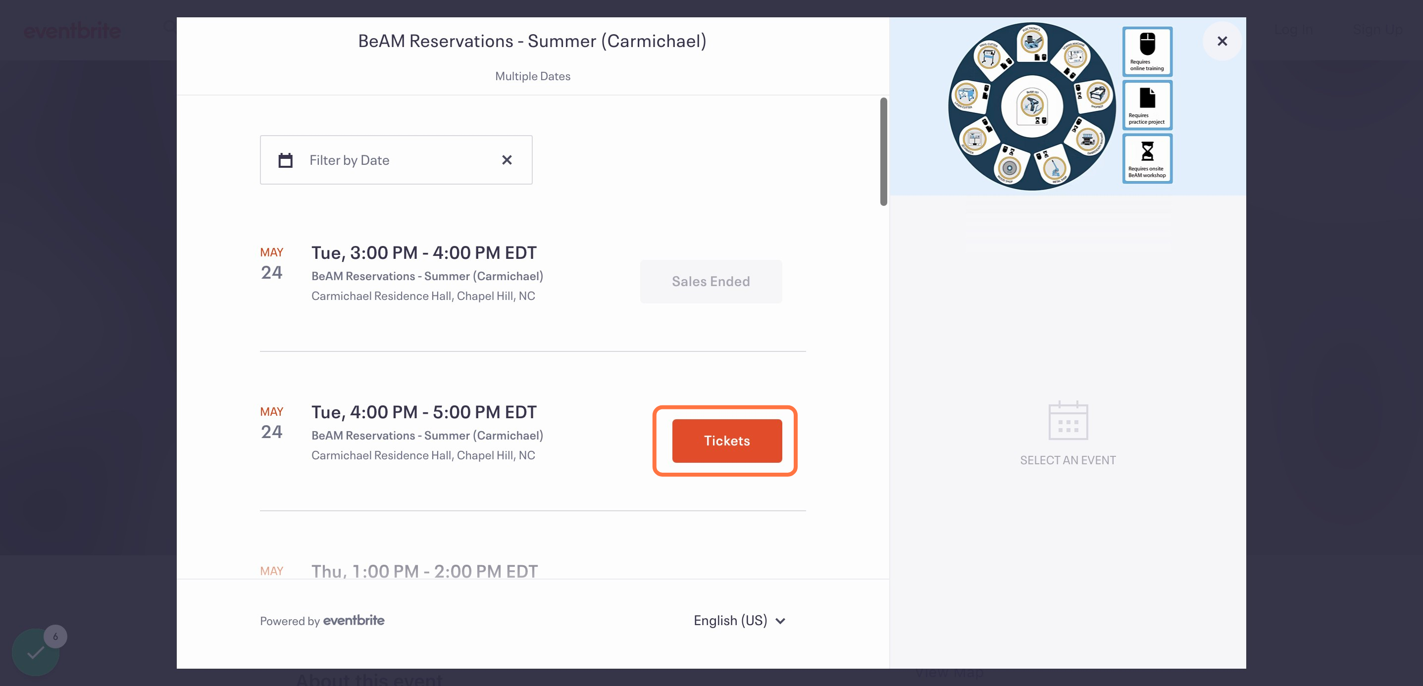 Click on 'Tickets' next to the time that you want to reserve.