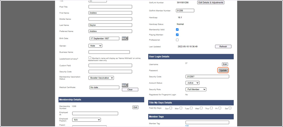 Click on Update within User Login Details