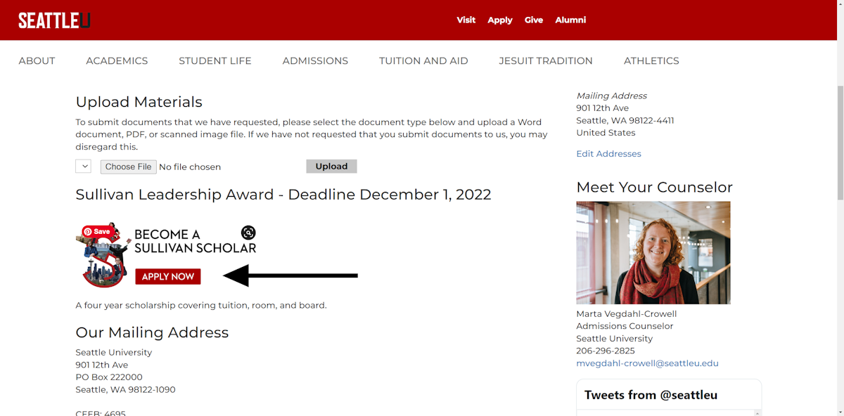 Click on "Apply Now" under the Sullivan Leadership Award header