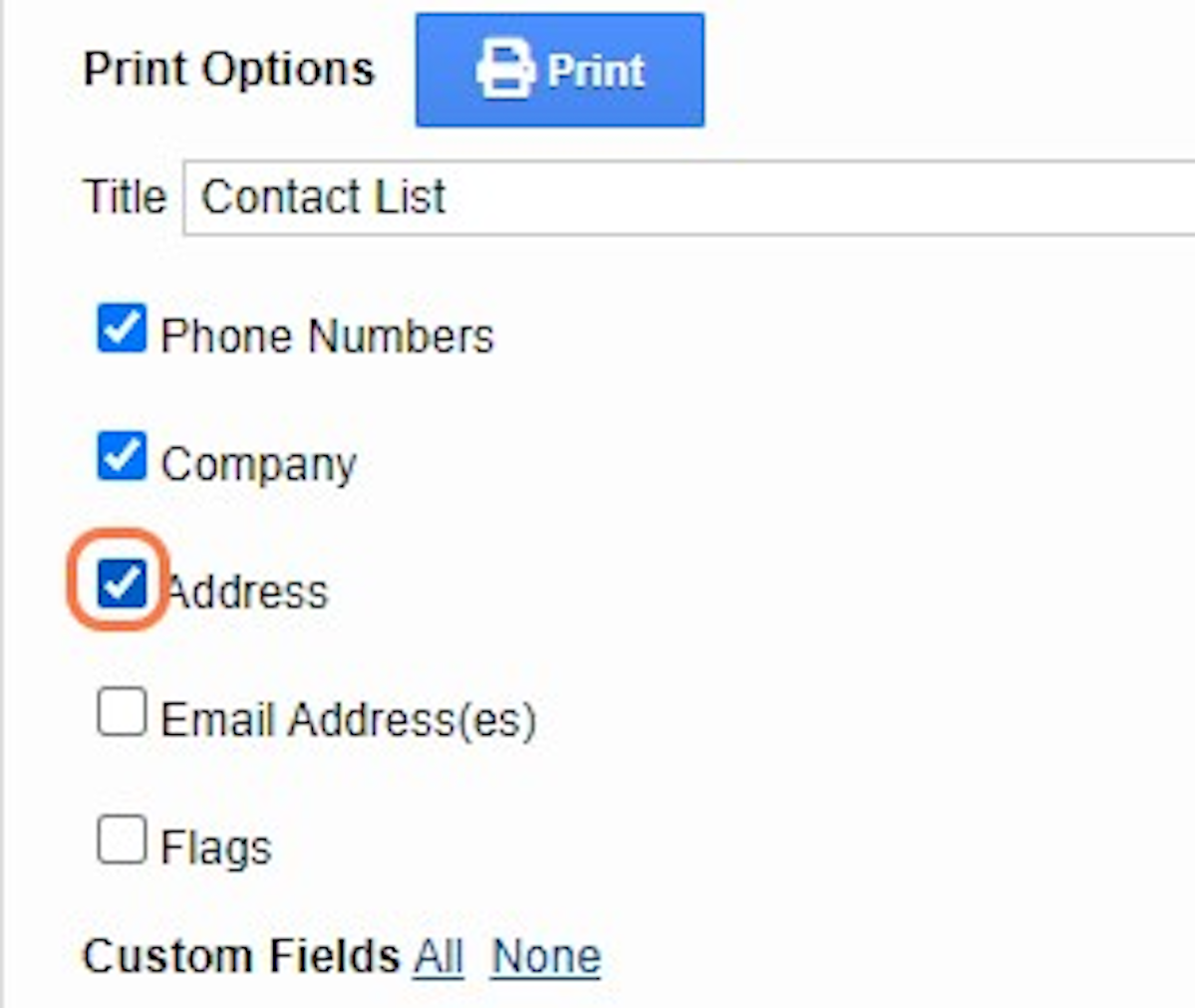 Select the items you would like to include on the printout