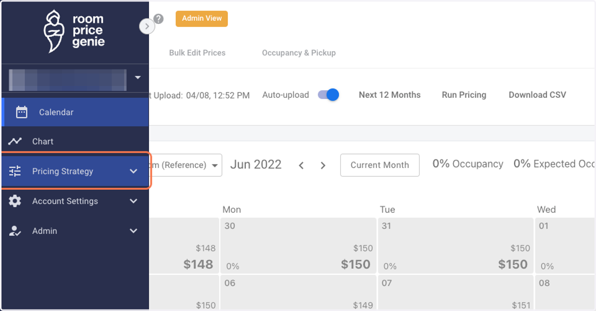 Log in to RoomPriceGenie and click on Pricing Strategy.