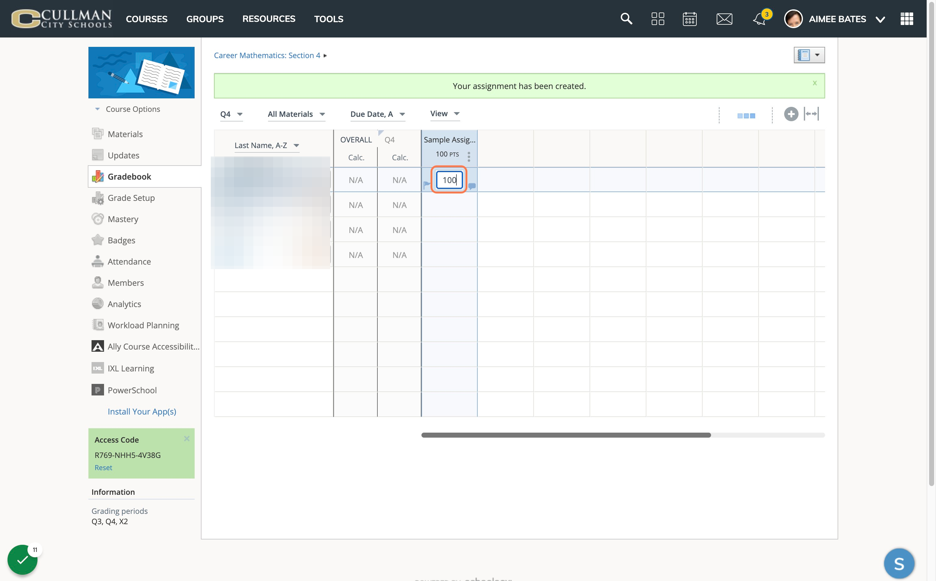 Below the new grade column, click a cell to enter a grade. Press enter to be directed to the cell directly below the current cell