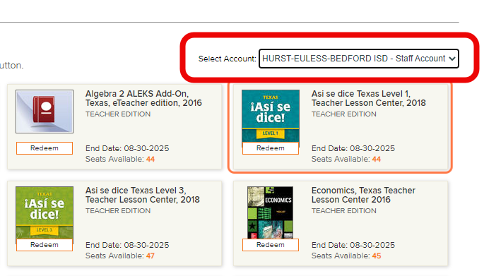 Choose HURST-EULESS-BEDFORD ISD - Staff Account from Select Account dropdown
