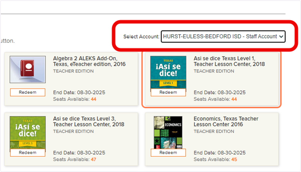 Choose HURST-EULESS-BEDFORD ISD - Staff Account from Select Account dropdown