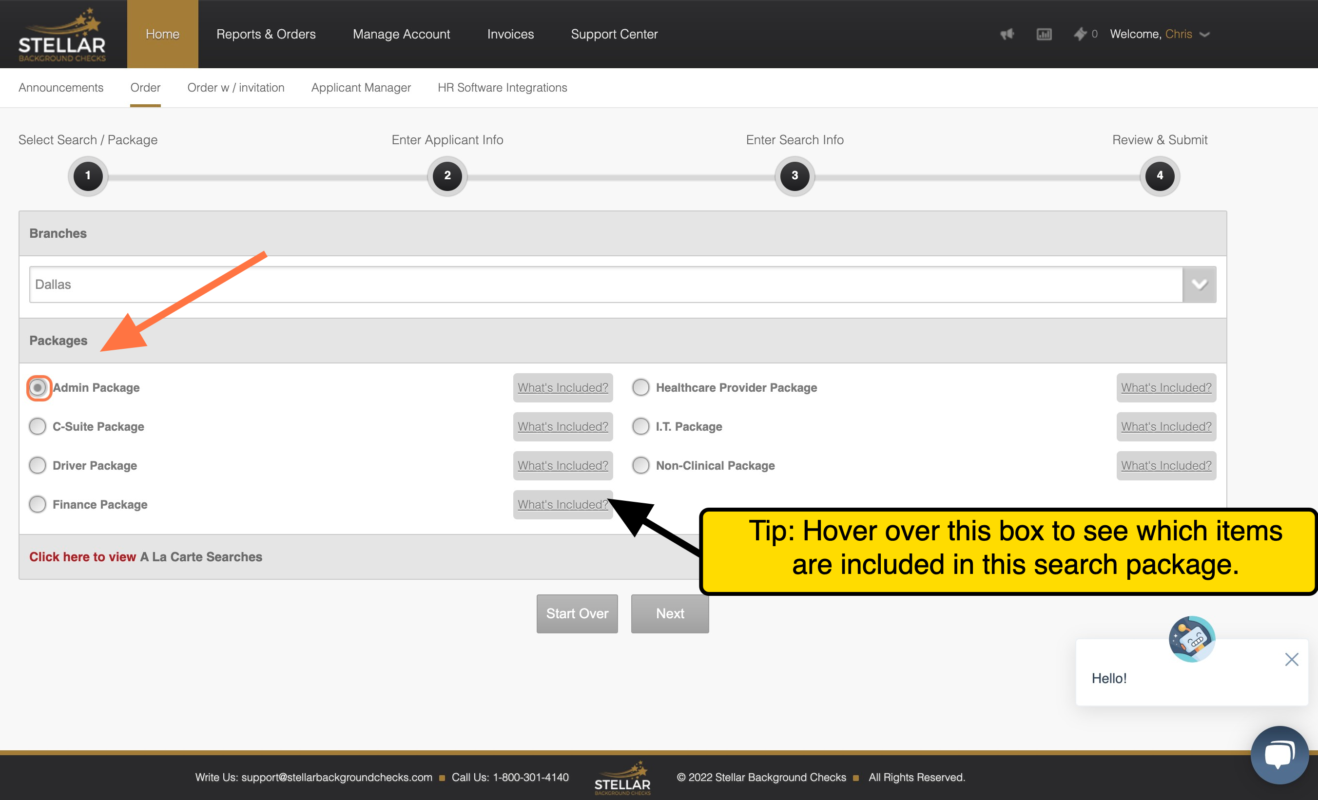 Select a desired 'PACKAGE' from your custom built packages list. Note: We will custom build and custom name any package for your company.