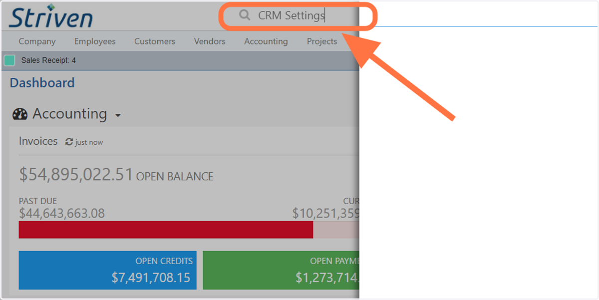 Type "CRM Settings" into the Striven Search bar