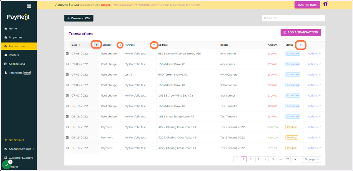 Use the Funnel Icon to Filter by Date, Category, Portfolio, or Status.