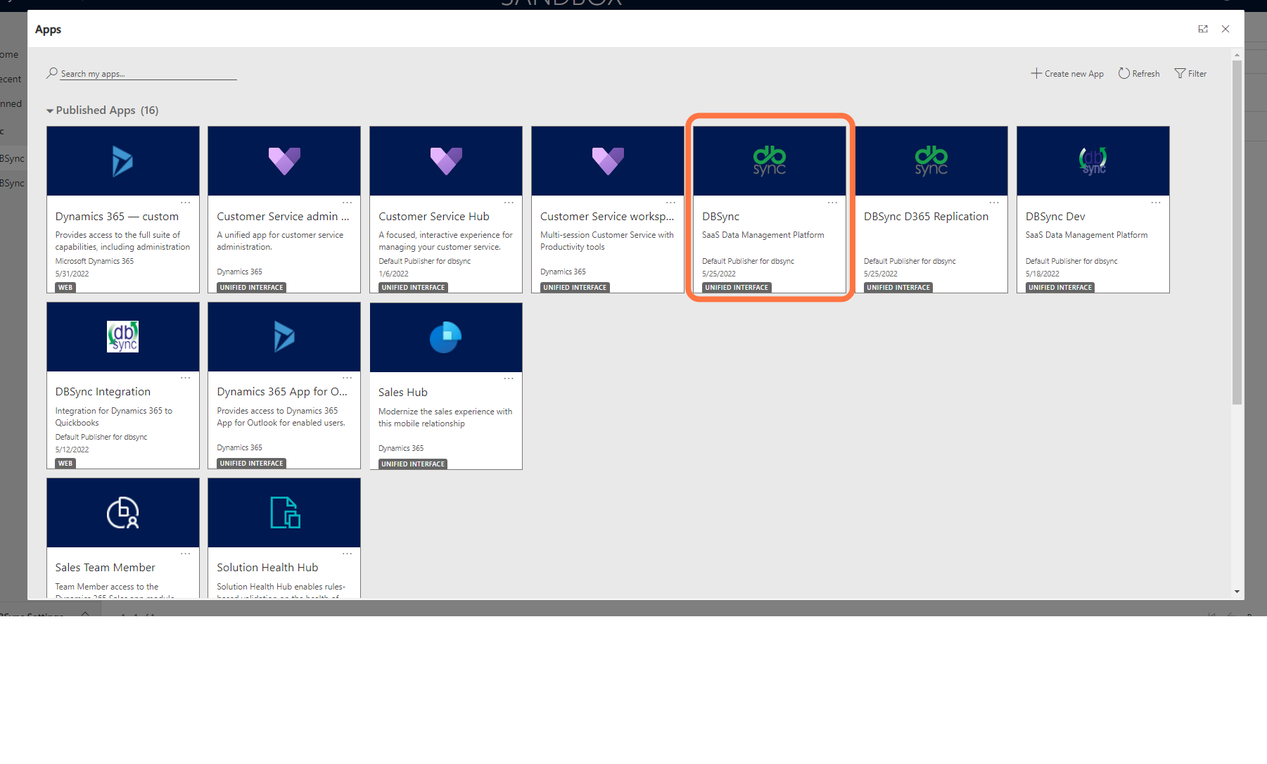 After Installation, You Will See the DBSync App in Your D365 App List. Click on the App to Launch the Initial Setup.