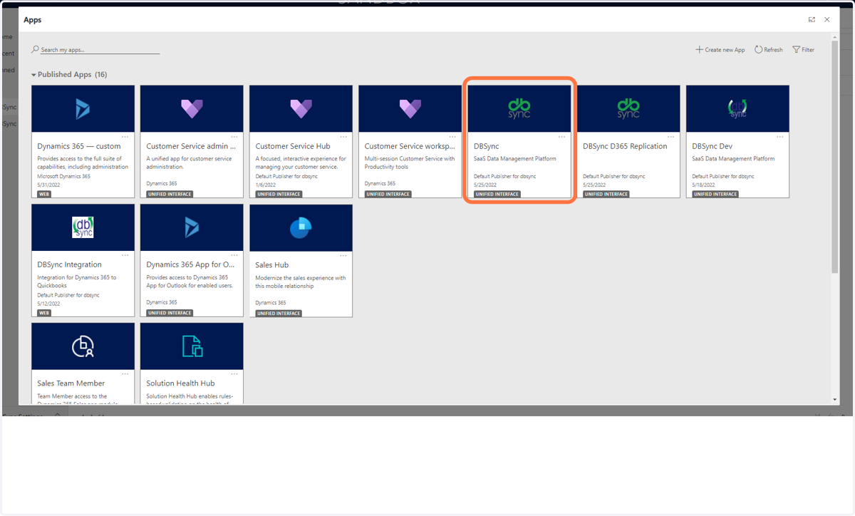 After Installation, You Will See the DBSync App in Your D365 App List. Click on the App to Launch the Initial Setup.