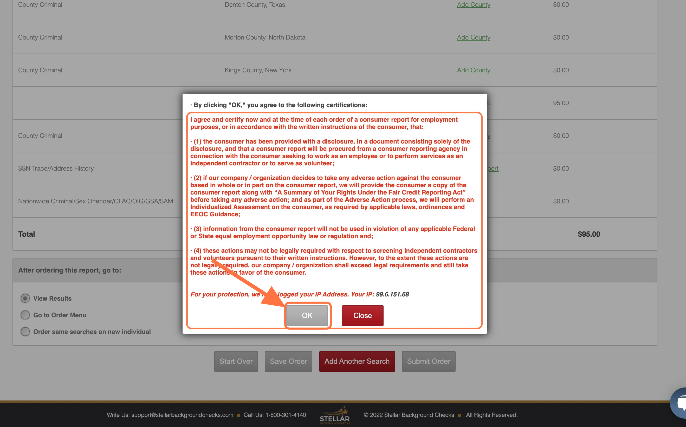 Click on 'OK' after acknowledging certifications.