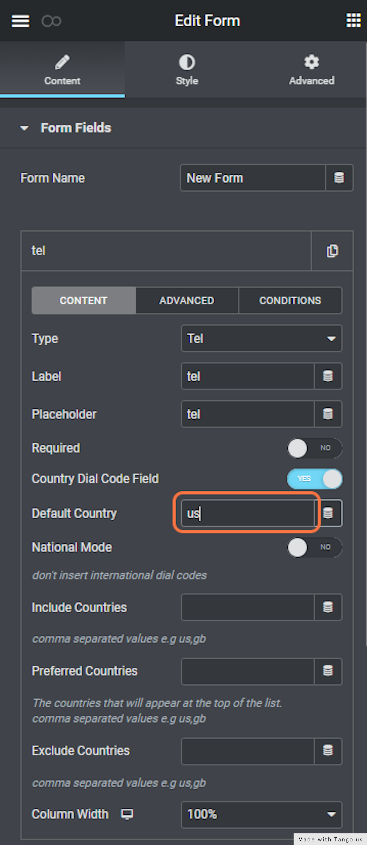 Add the default country code 