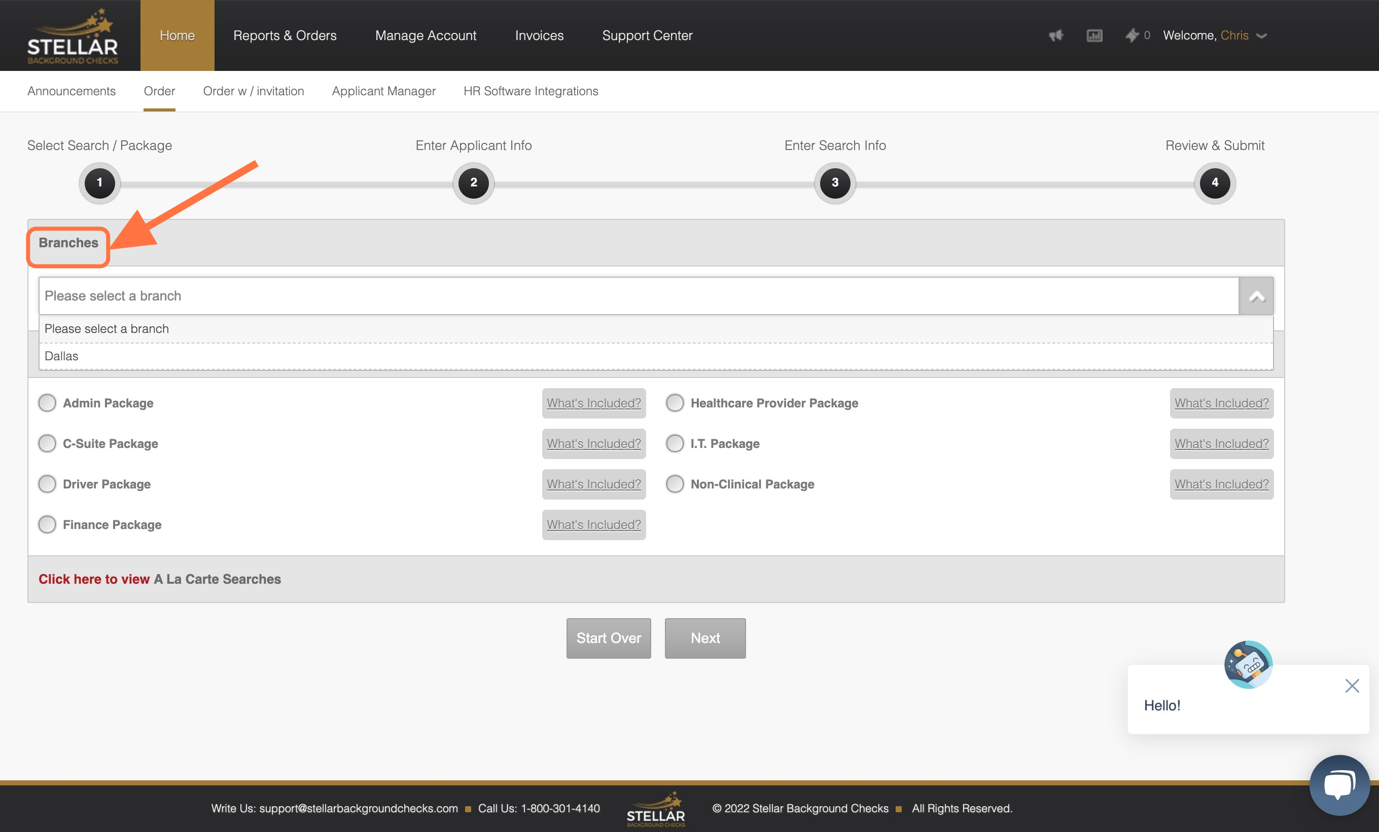 Click on 'BRANCHES' drop-down menu to select a branch, if applicable. Note: Not all companies will have this feature.