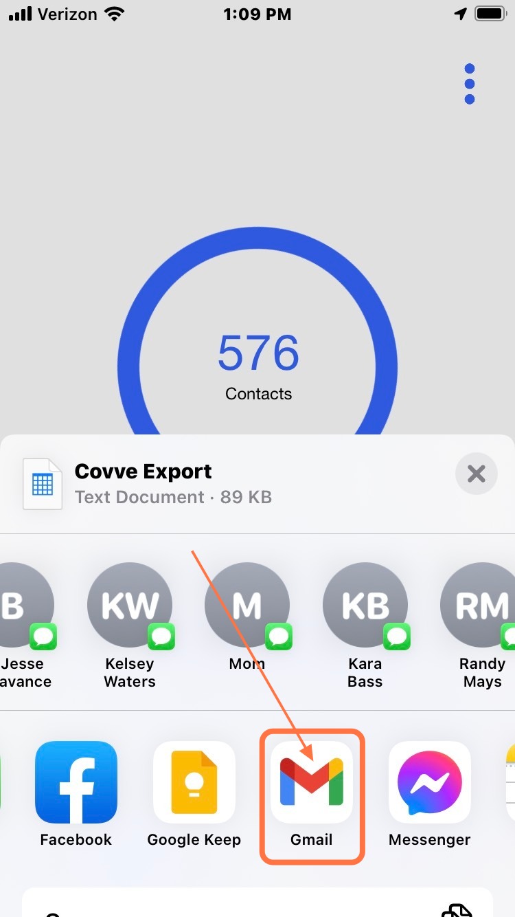 Choose "Gmail" to send yourself an email with the exported csv attached