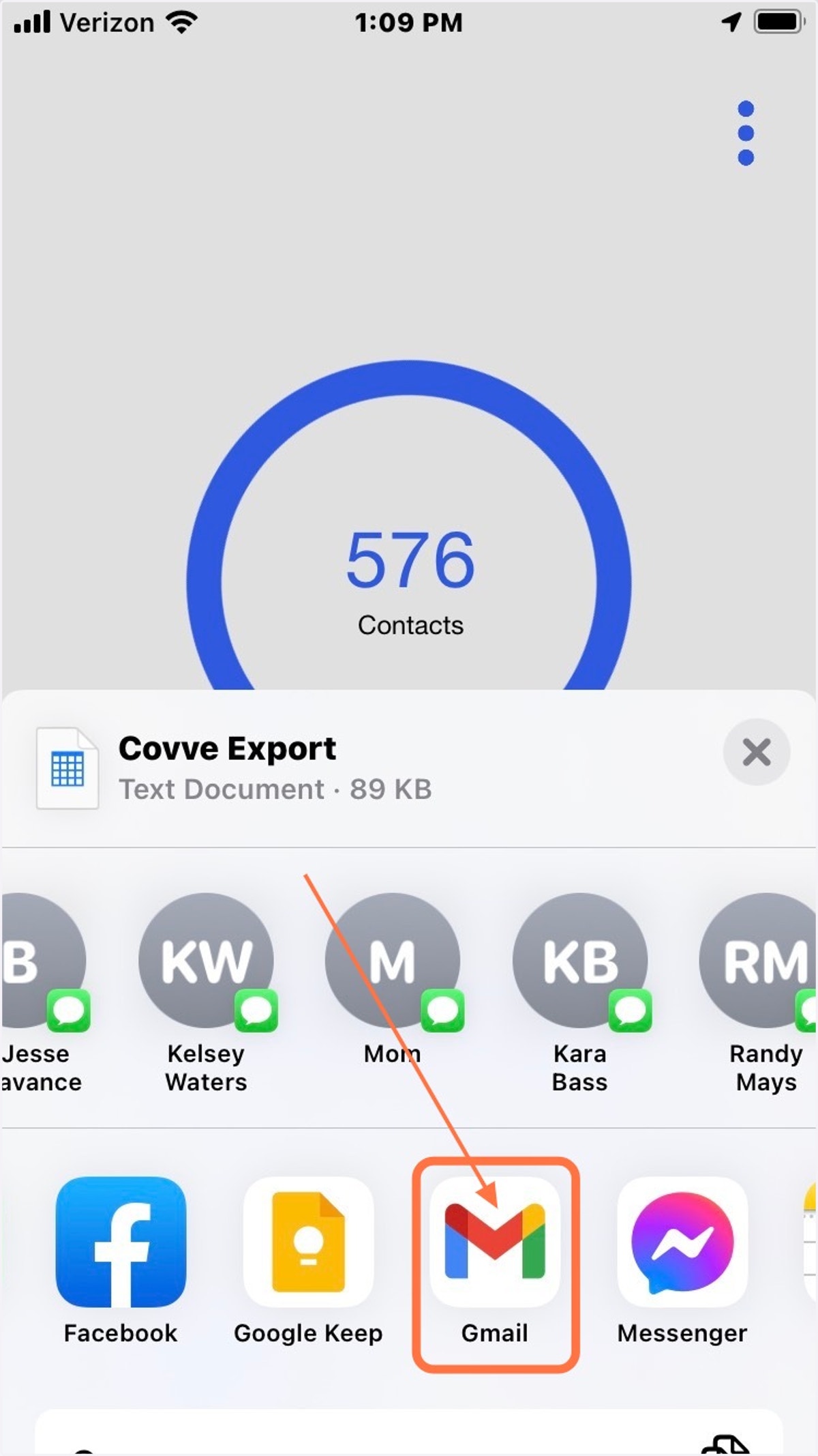 Choose "Gmail" to send yourself an email with the exported csv attached
