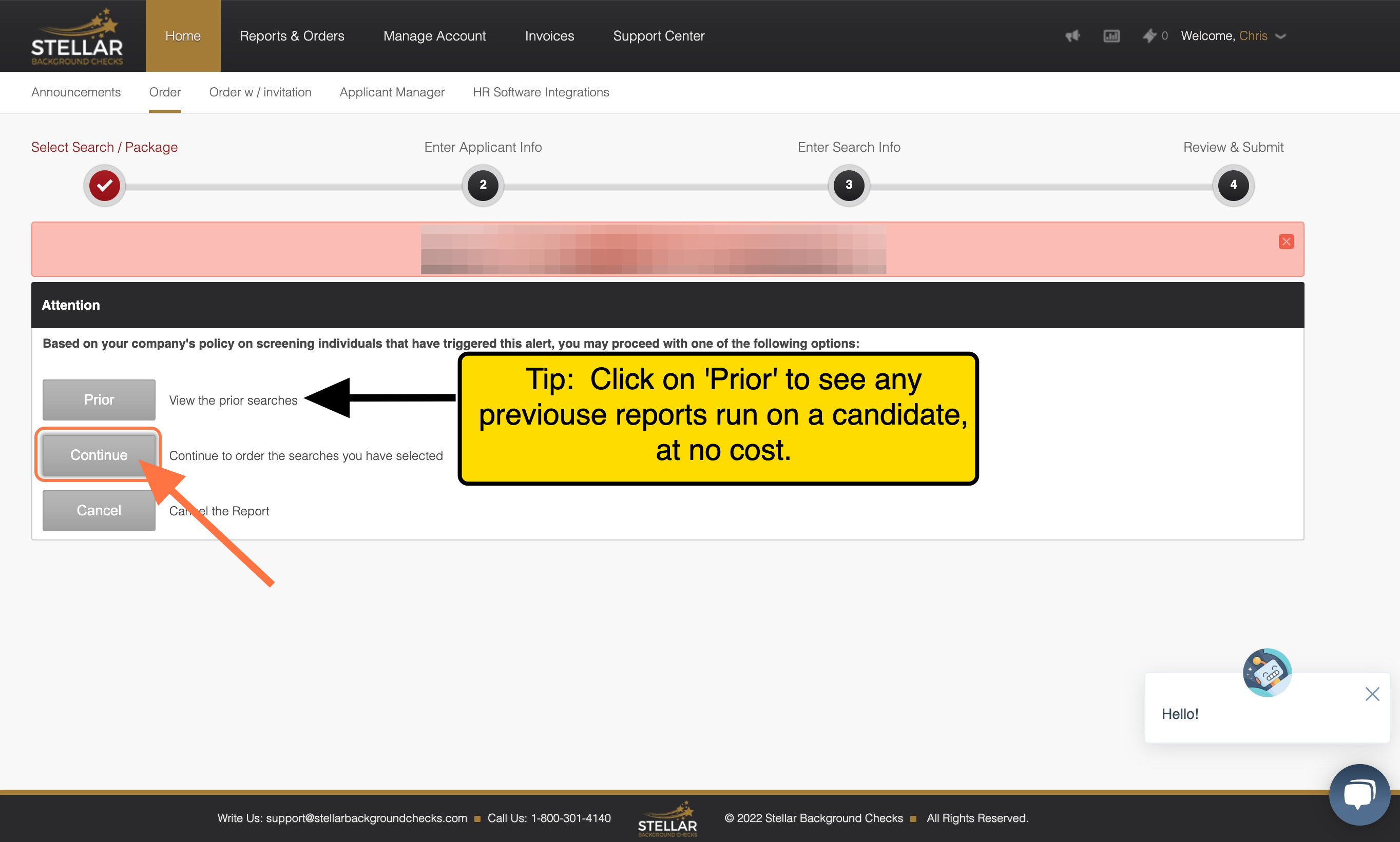 This screen only appears if you have previously completed a background check on the applicant. If you wish to run the background check again, simply click on Continue.