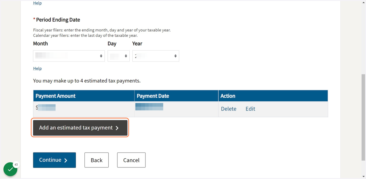 Ensure all Payments are entered and Click "Continue"