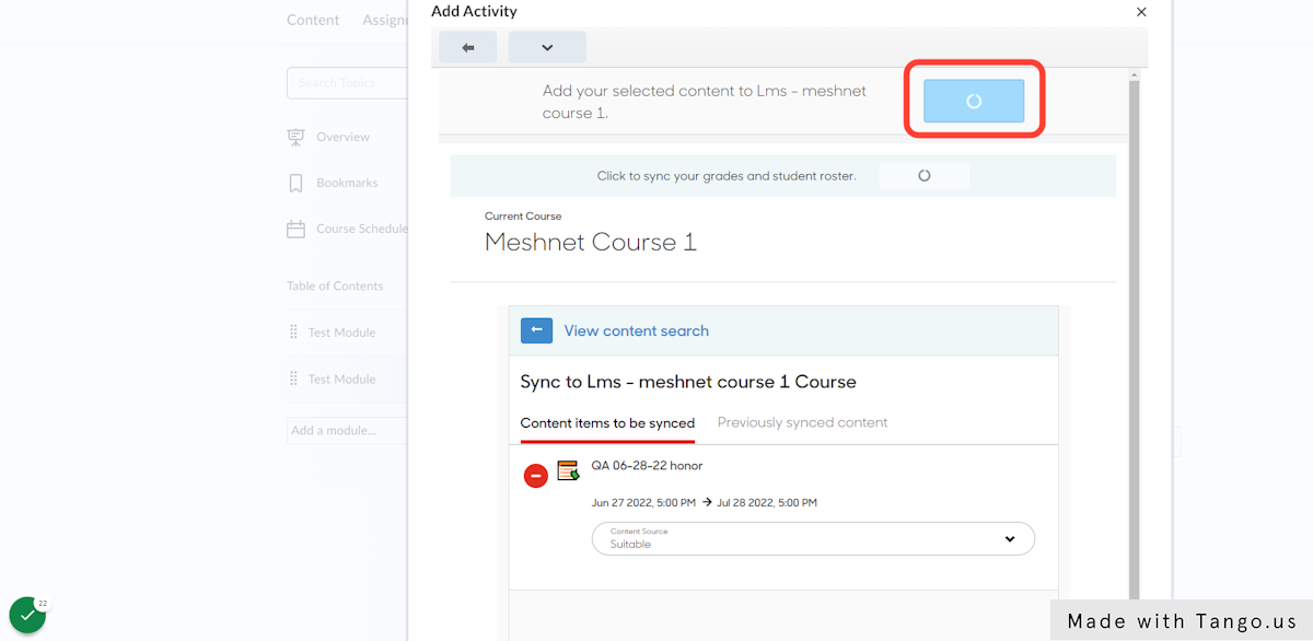 Once you have selected all of the activities that you'd like to add for now, click on the blue 'Sync Content to Course' button at the top to migrate the activities to your course in D2L.