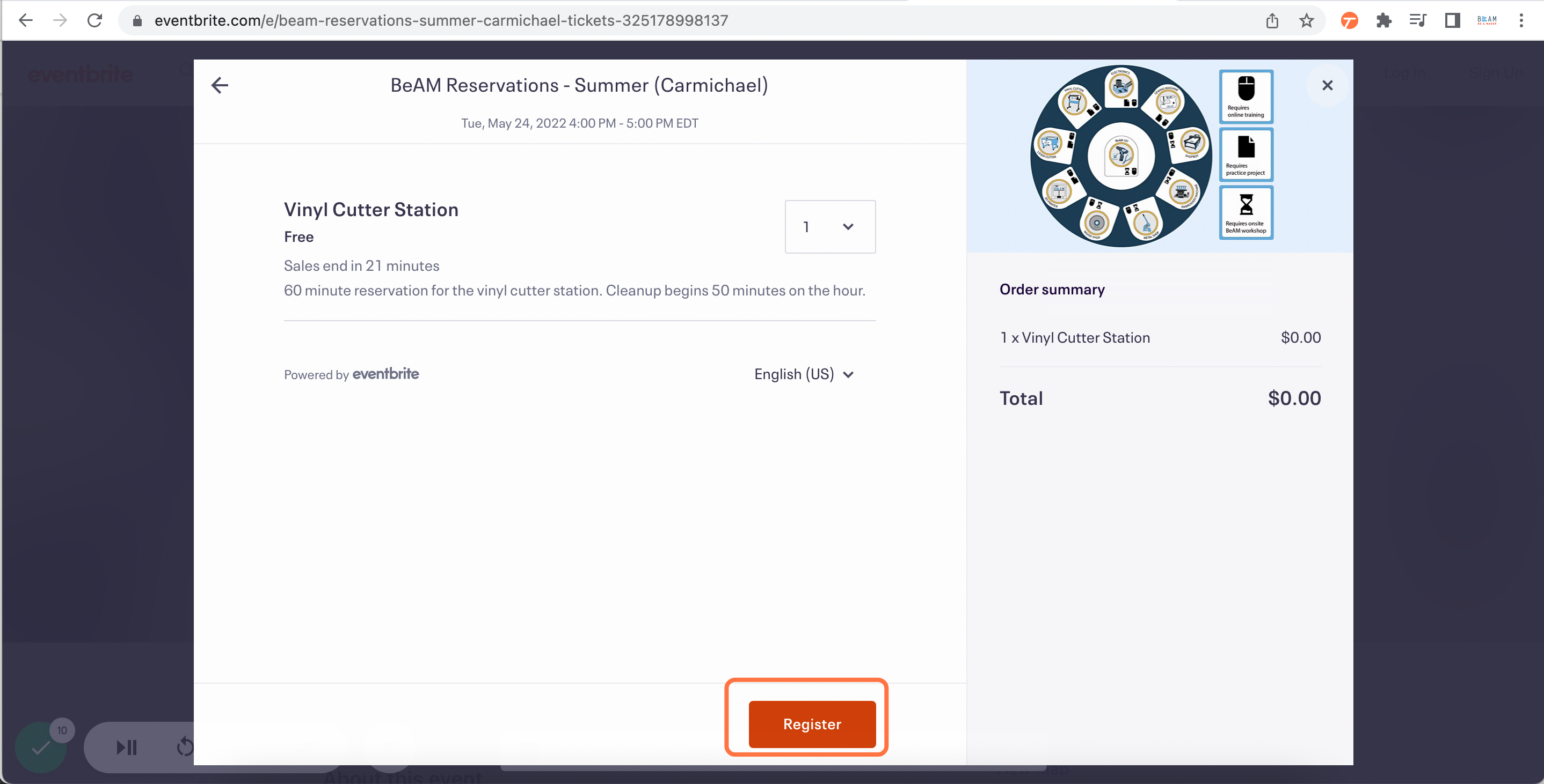 Click on 'Register' to confirm your reservation and enter your information.