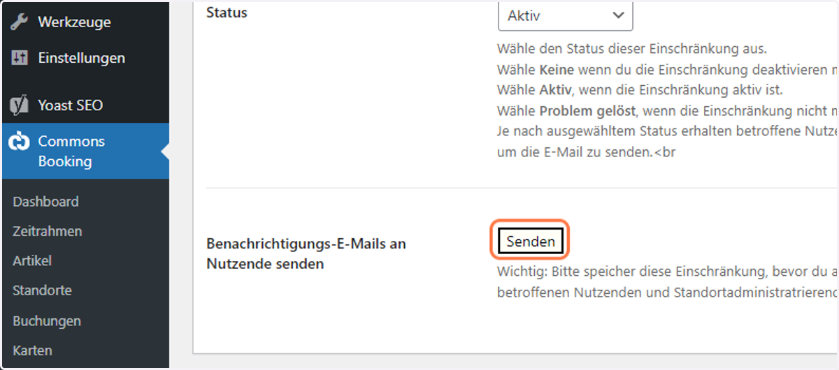 Dann im Backend Senden klicken um bestehende Buchungen zu stornieren und die Stornierungs-Mails zu verschicken
