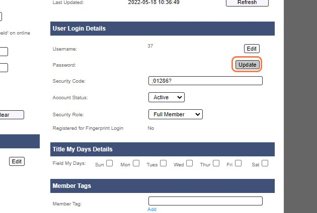 To Reset the password click on Update within User Login Details