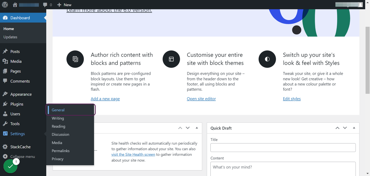 Hover over settings and click on General