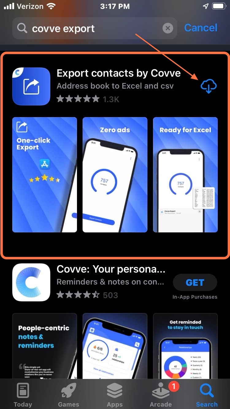 Search "Covve Export" and Download "Export Contacts by Covve"