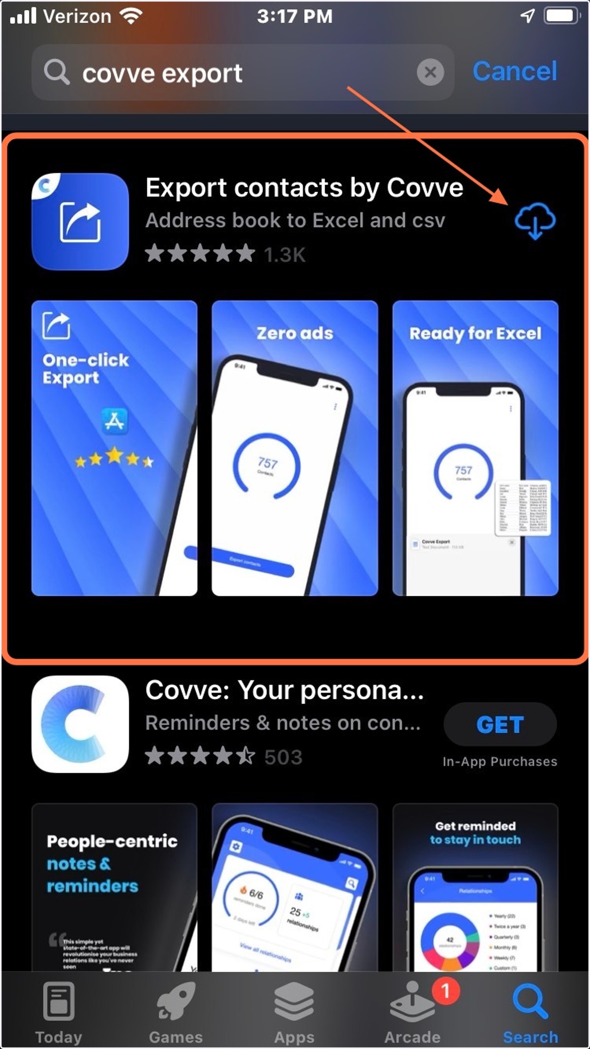 Search "Covve Export" and Download "Export Contacts by Covve"