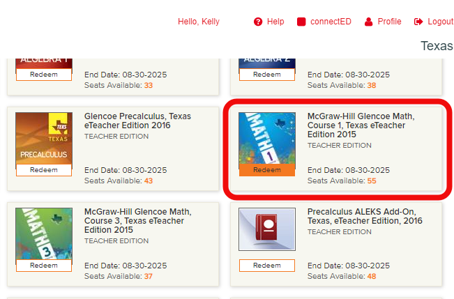 Find the desired resource and choose the Redeem button