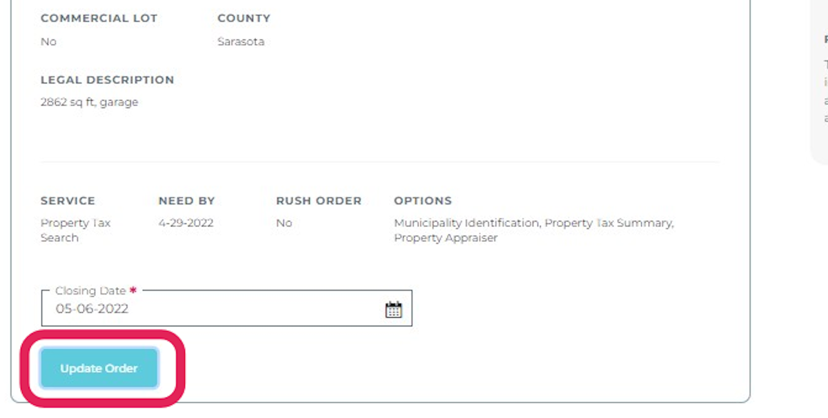 Complete required fields and click on the Update Order button.