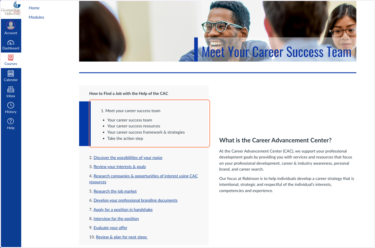 Pages organized by the steps to achieve the module goal and progress bars indicating the page's contents