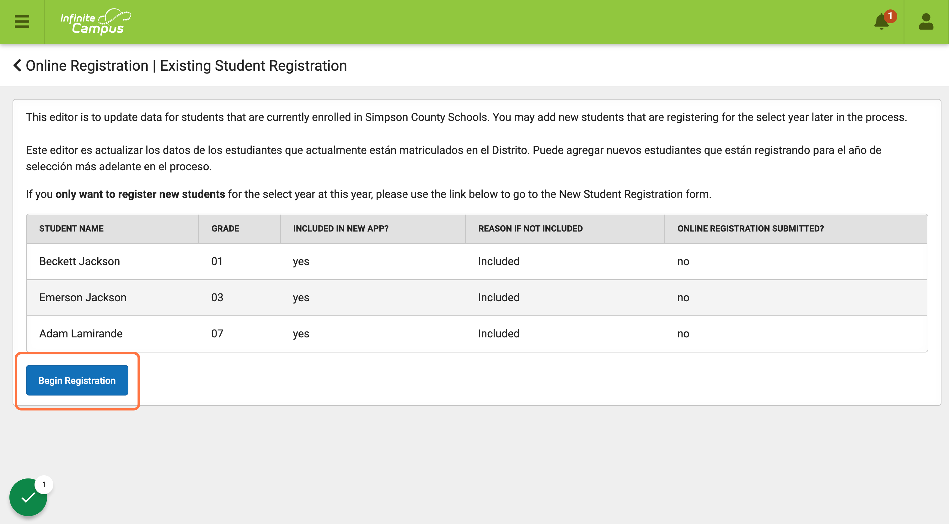 Click on Begin Registration