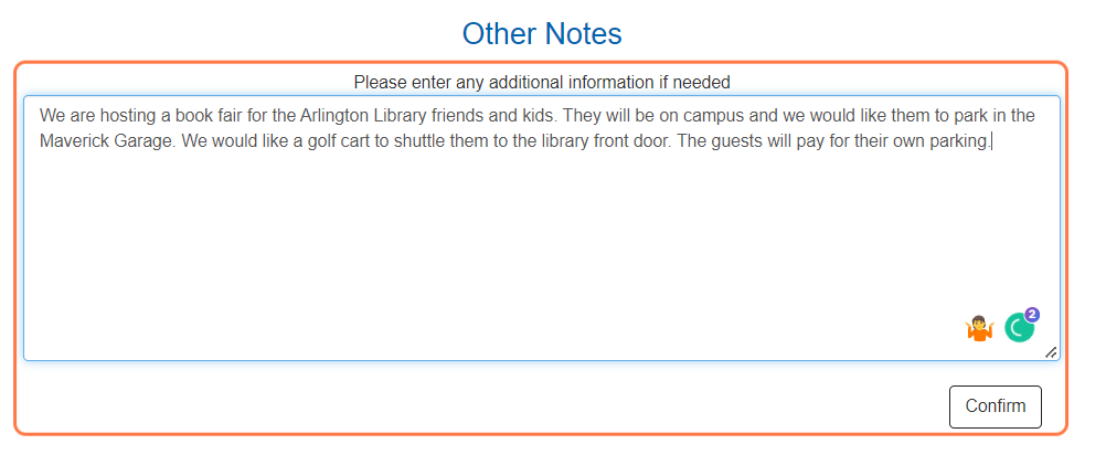 Provide information about the event you think the Parking Event Coordinator should be aware of.