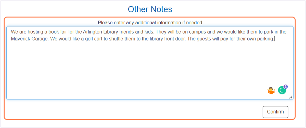 Provide information about the event you think the Parking Event Coordinator should be aware of.