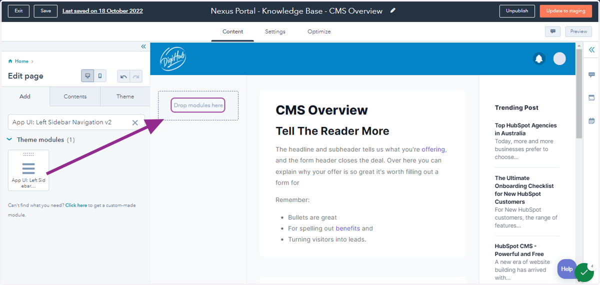 Drag on to the page at the left sidebar