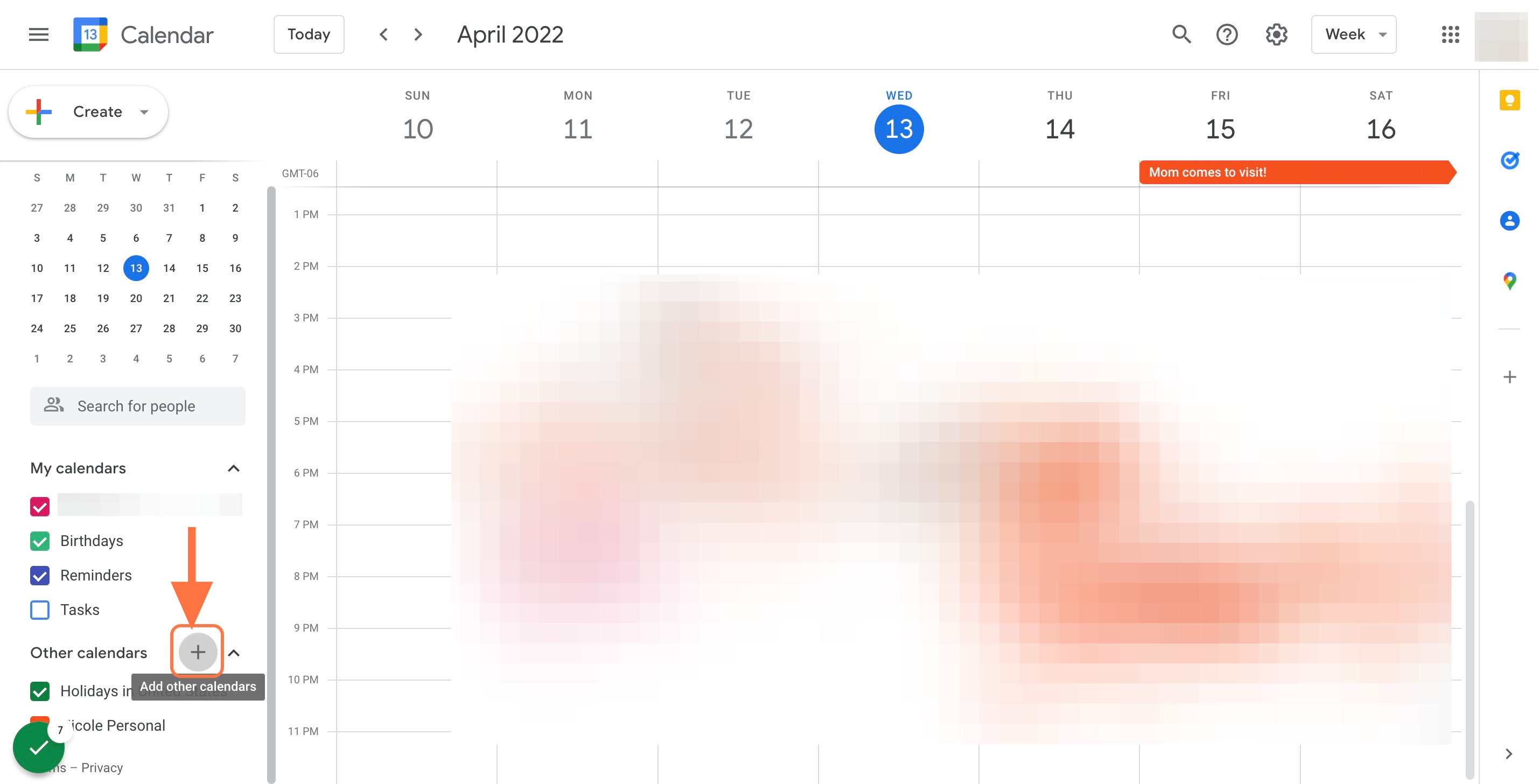 In the lefthand menu next to "Other Calendars", click on "Add other calendars"