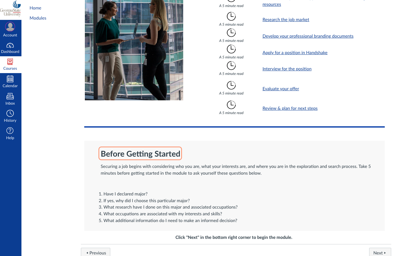 Metacognitive reflections prior to the start of each module