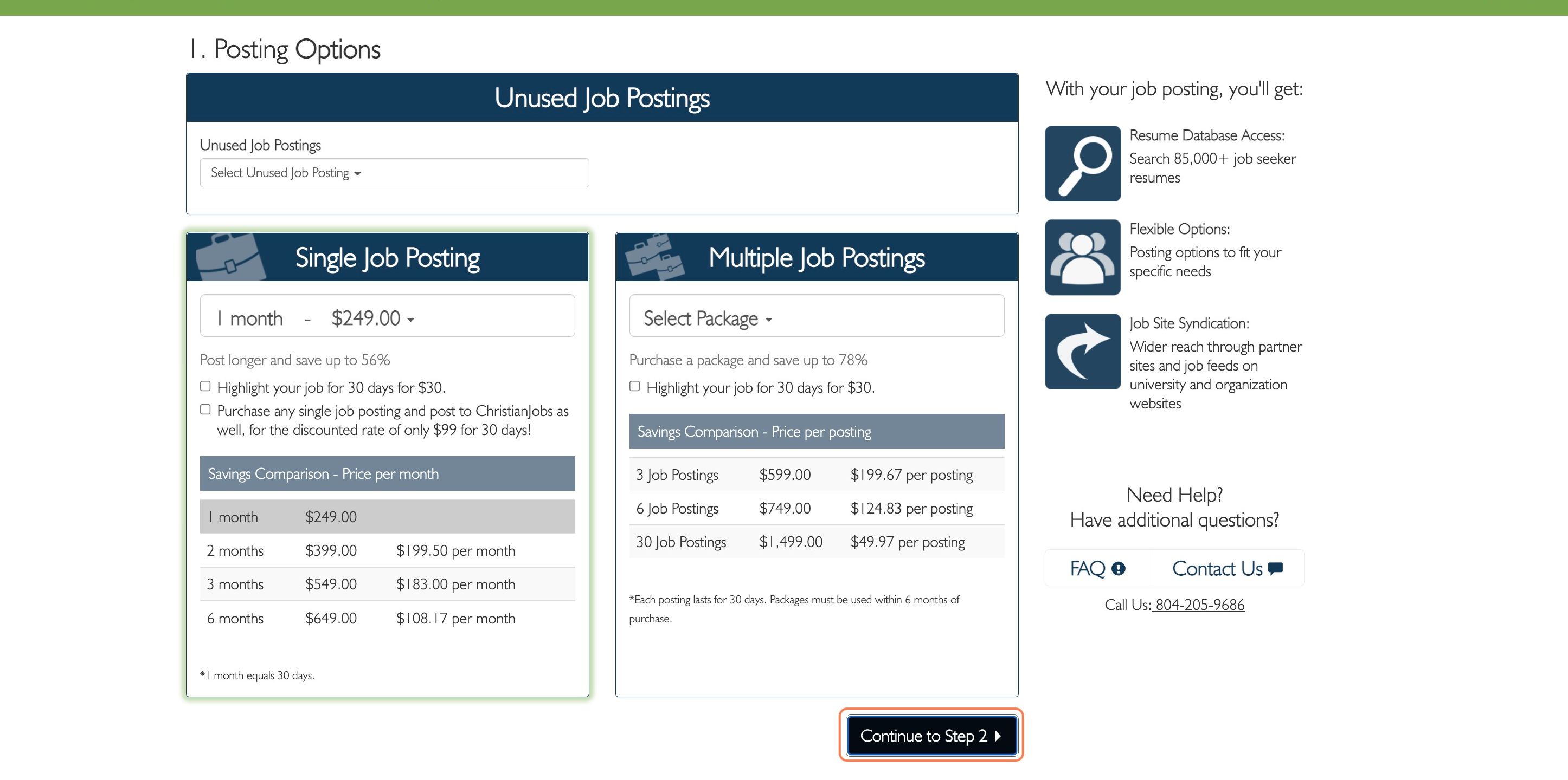 Choose the Job Posting Option That Works Best for You, Then Click on Continue to Step 2