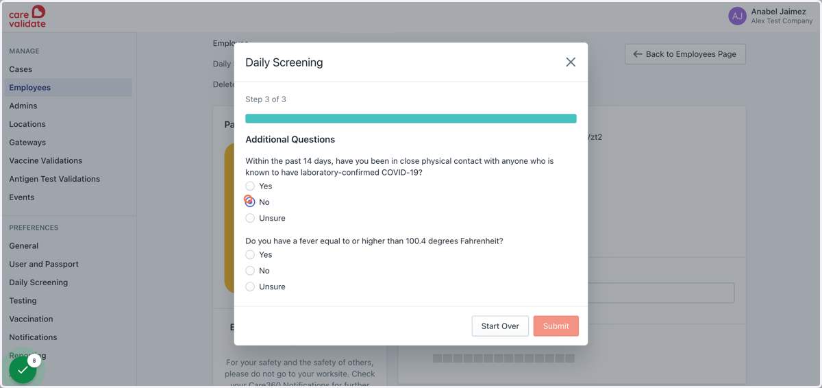 Fill out the Risk Assessment questions (if applicable) with the appropriate responses and press 'Submit.
