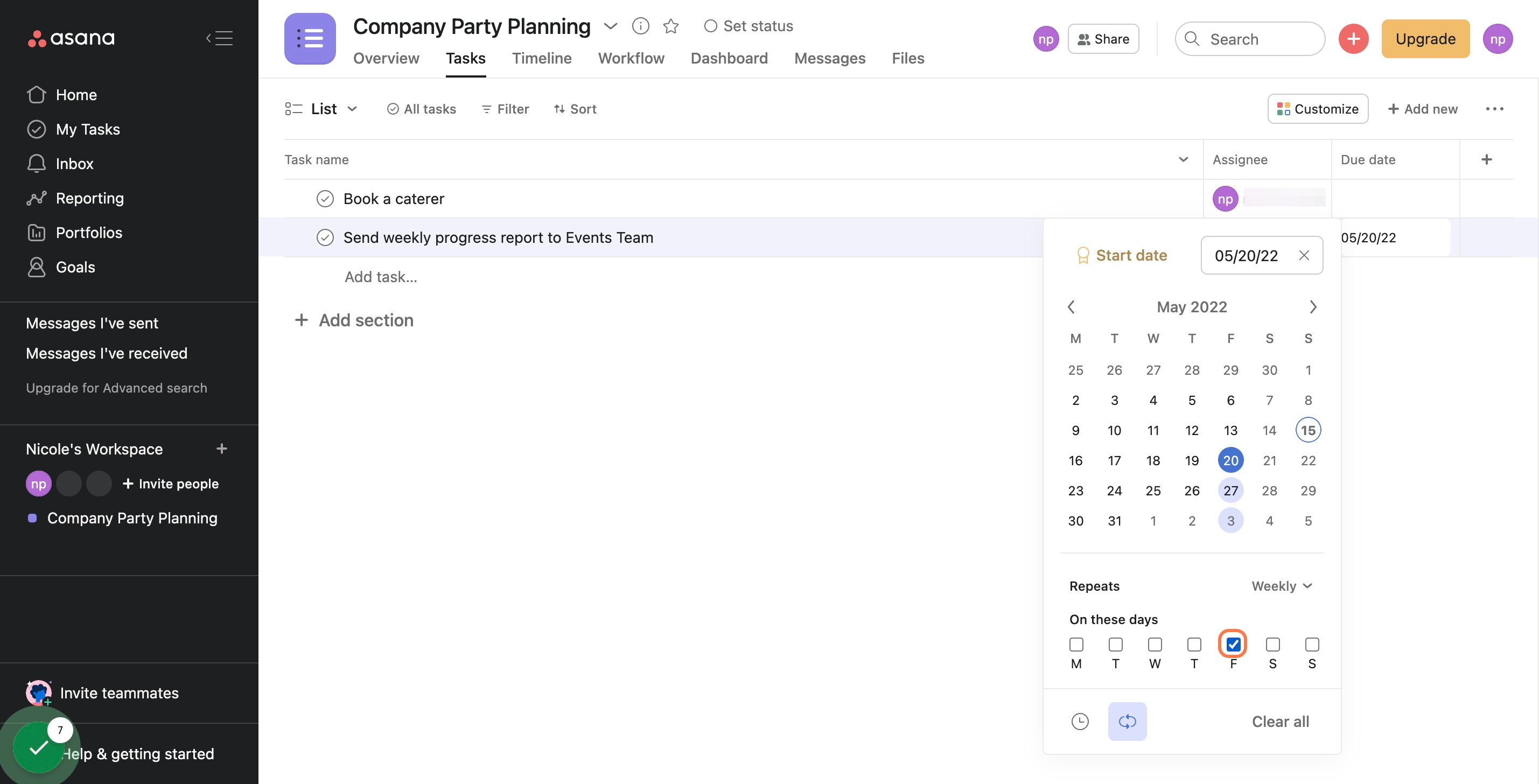 Once you've selected your cadence, choose which day(s) you'd like your task to recur