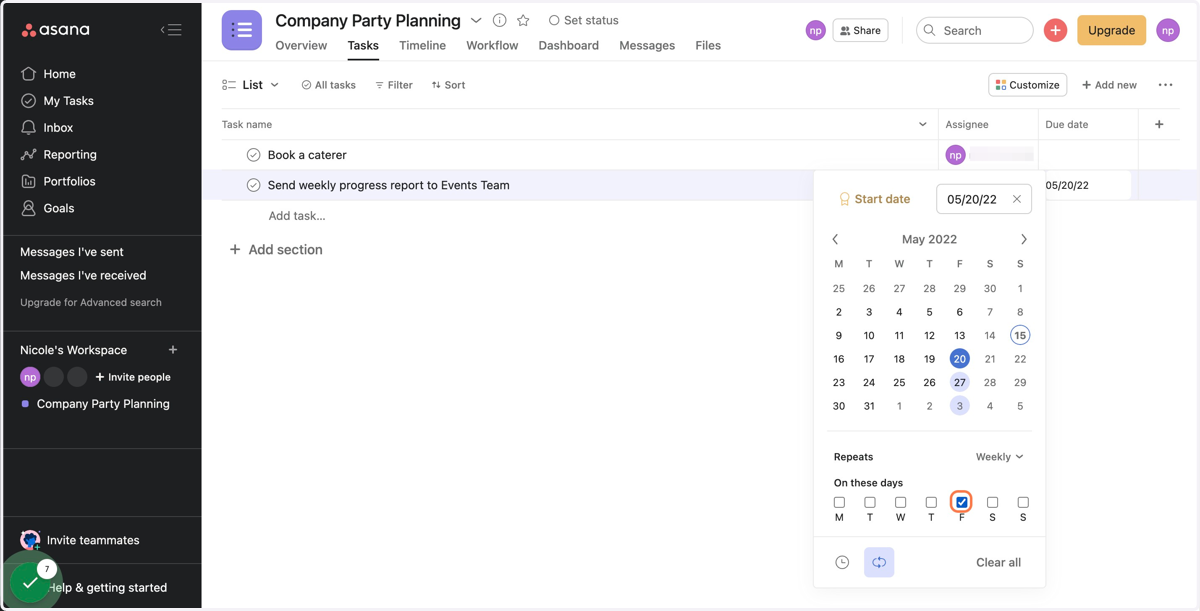 Once you've selected your cadence, choose which day(s) you'd like your task to recur