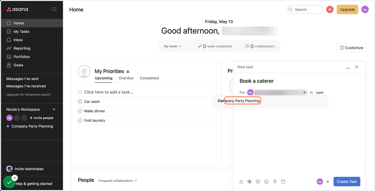Select the project where you want your task to live